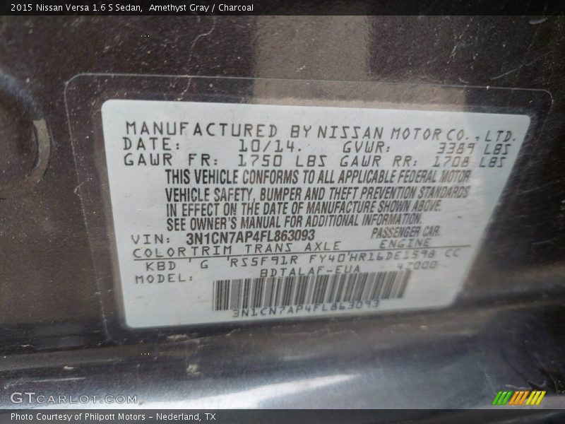 Amethyst Gray / Charcoal 2015 Nissan Versa 1.6 S Sedan