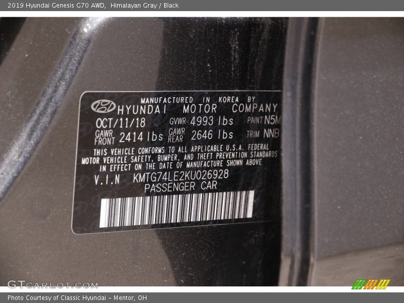 2019 Genesis G70 AWD Himalayan Gray Color Code N5M