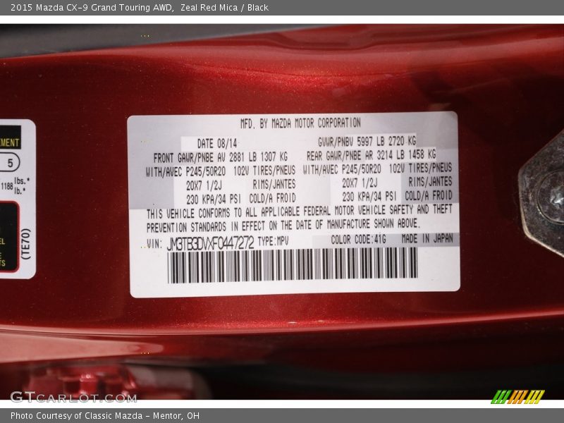 2015 CX-9 Grand Touring AWD Zeal Red Mica Color Code 41G