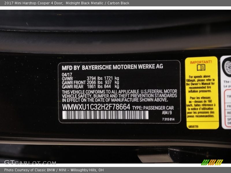 Midnight Black Metallic / Carbon Black 2017 Mini Hardtop Cooper 4 Door
