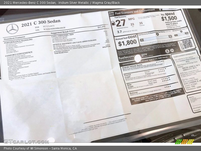  2021 C 300 Sedan Window Sticker