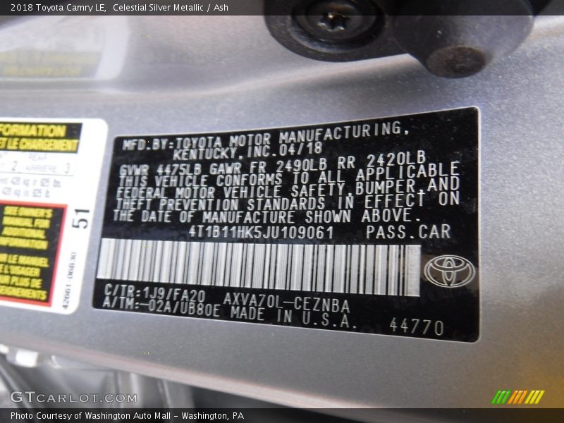 Celestial Silver Metallic / Ash 2018 Toyota Camry LE