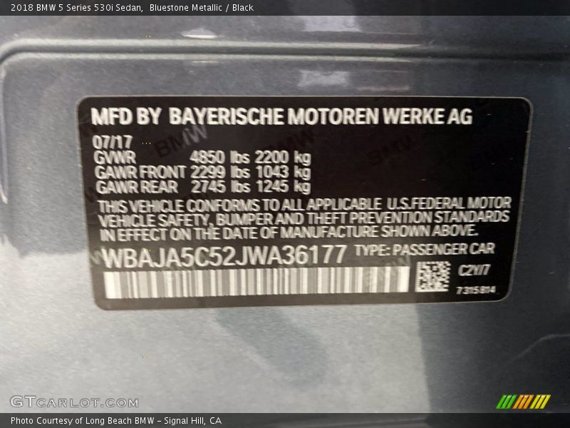 Bluestone Metallic / Black 2018 BMW 5 Series 530i Sedan