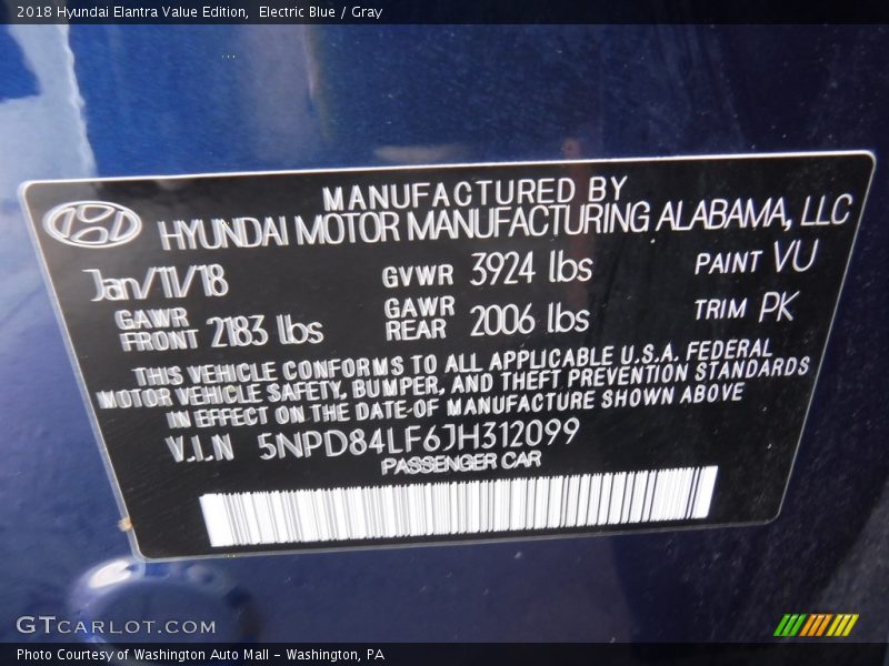 Electric Blue / Gray 2018 Hyundai Elantra Value Edition