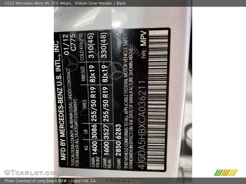 Iridium Silver Metallic / Black 2012 Mercedes-Benz ML 350 4Matic