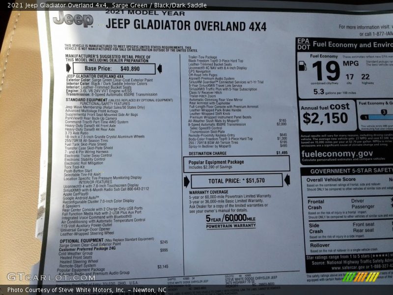 Sarge Green / Black/Dark Saddle 2021 Jeep Gladiator Overland 4x4