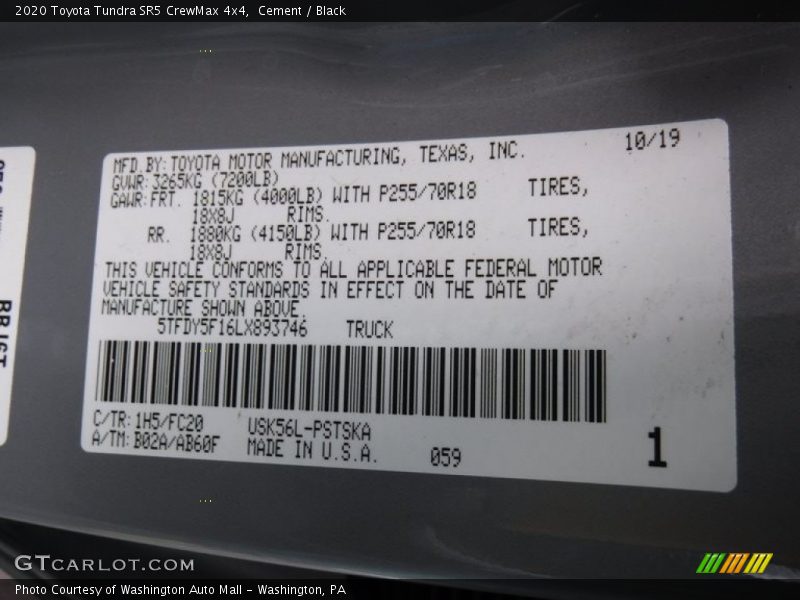 2020 Tundra SR5 CrewMax 4x4 Cement Color Code 1H5