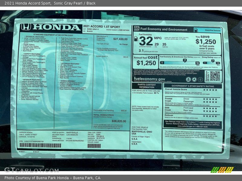 Sonic Gray Pearl / Black 2021 Honda Accord Sport