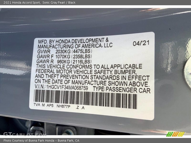 Sonic Gray Pearl / Black 2021 Honda Accord Sport