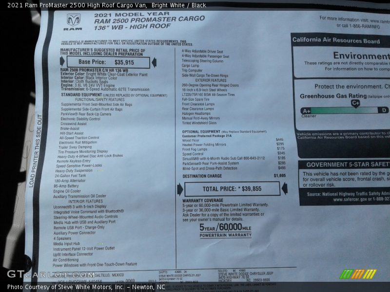 Bright White / Black 2021 Ram ProMaster 2500 High Roof Cargo Van