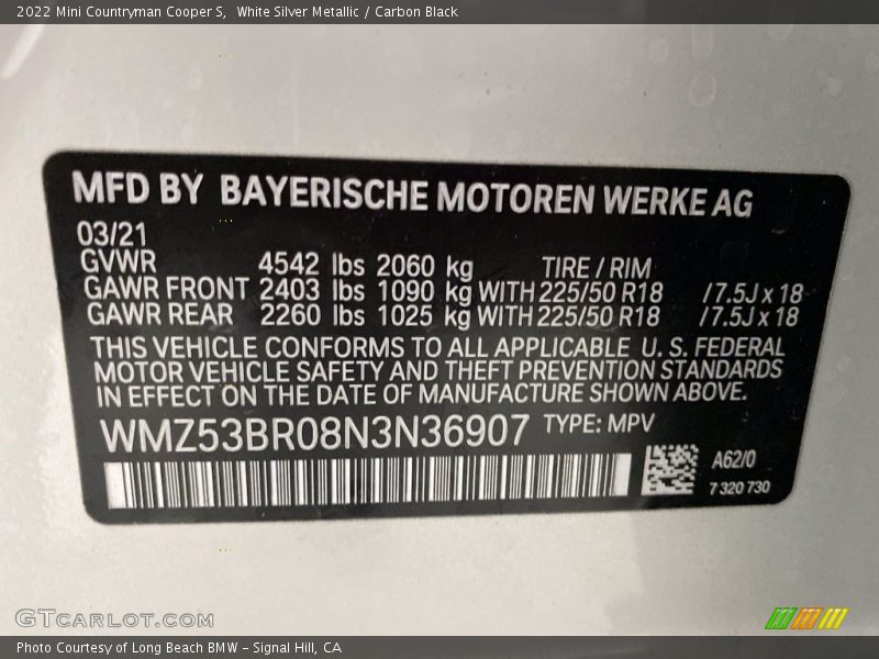 2022 Countryman Cooper S White Silver Metallic Color Code A62