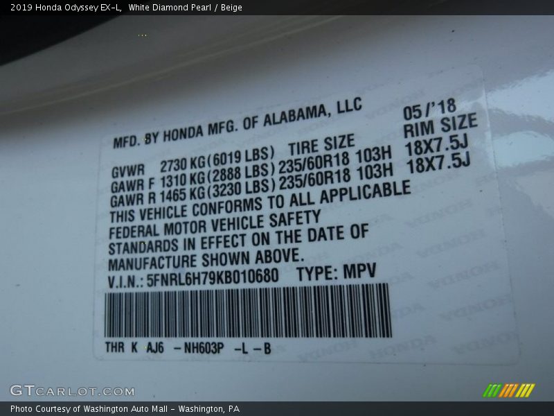 White Diamond Pearl / Beige 2019 Honda Odyssey EX-L