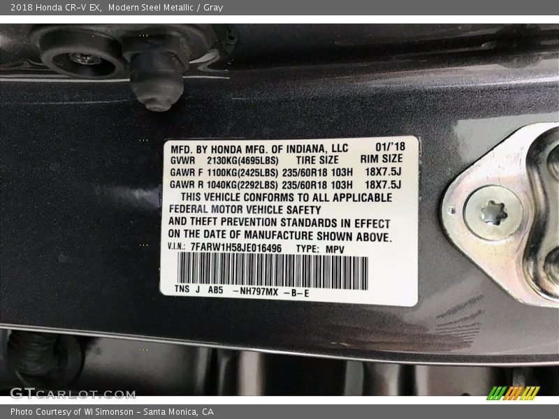 2018 CR-V EX Modern Steel Metallic Color Code NH797MX
