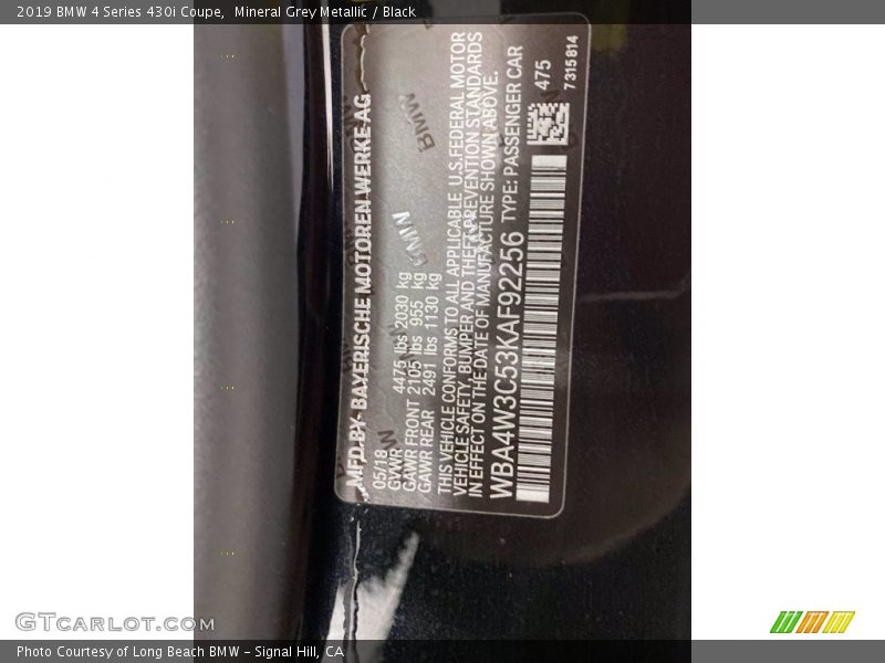 Mineral Grey Metallic / Black 2019 BMW 4 Series 430i Coupe