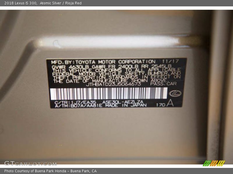 2018 IS 300 Atomic Silver Color Code 1J7