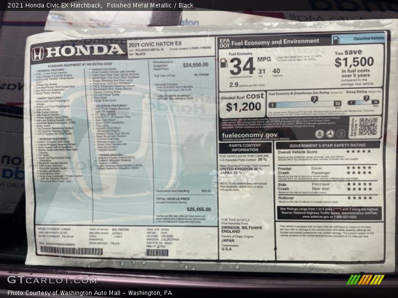Polished Metal Metallic / Black 2021 Honda Civic EX Hatchback
