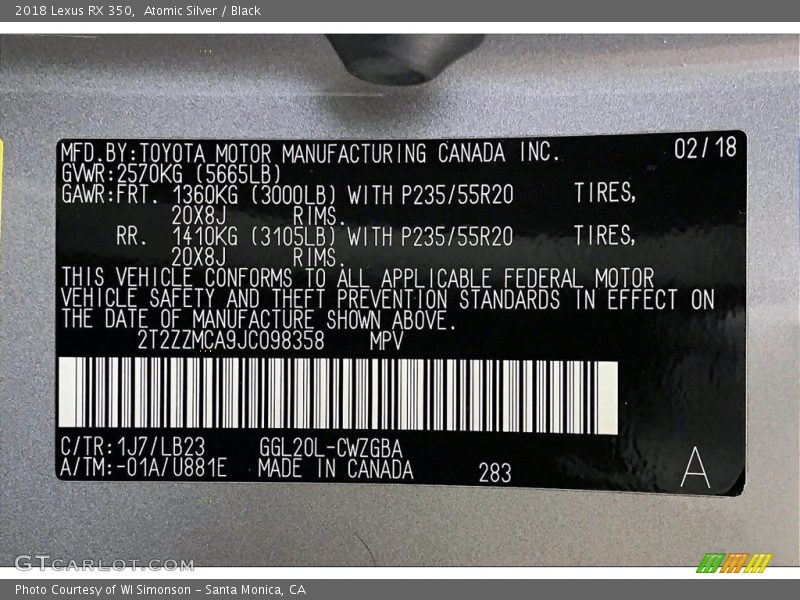 2018 RX 350 Atomic Silver Color Code 1J7