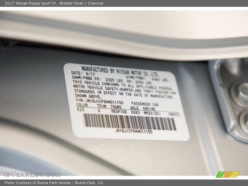 2017 Rogue Sport SV Brilliant Silver Color Code K23