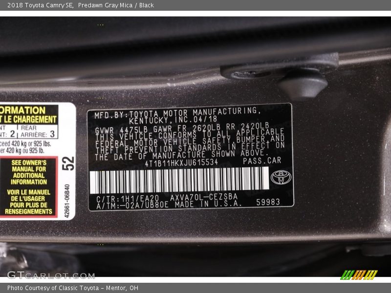 Predawn Gray Mica / Black 2018 Toyota Camry SE