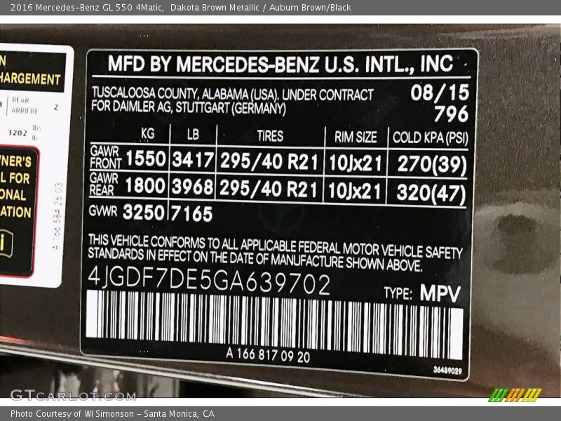 2016 GL 550 4Matic Dakota Brown Metallic Color Code 796
