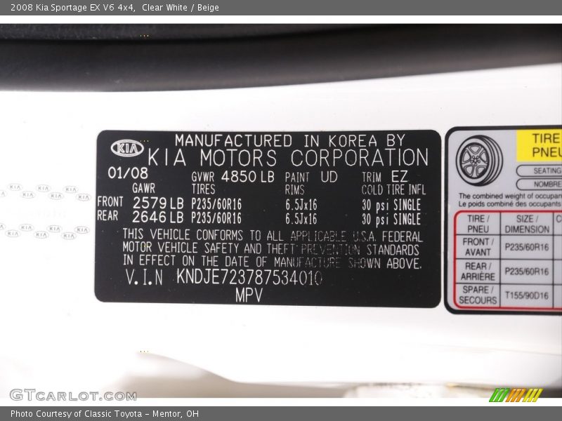 Clear White / Beige 2008 Kia Sportage EX V6 4x4