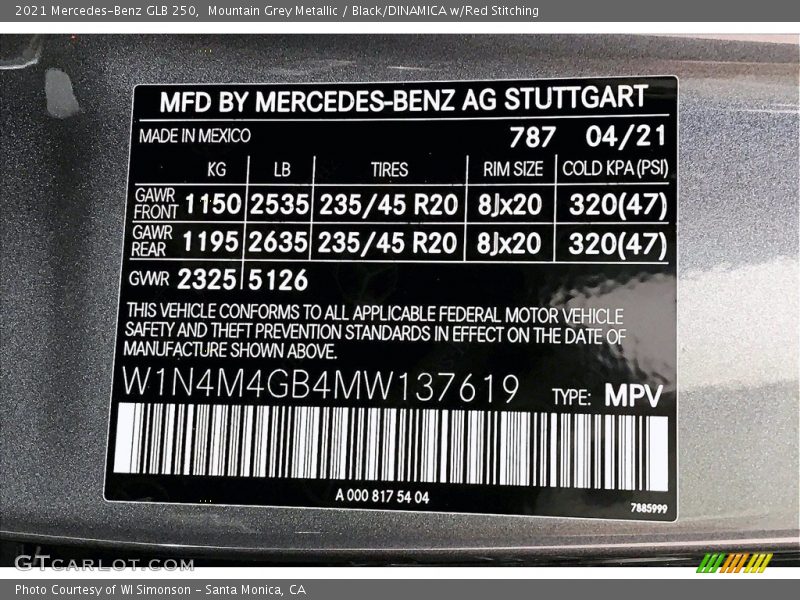 Mountain Grey Metallic / Black/DINAMICA w/Red Stitching 2021 Mercedes-Benz GLB 250