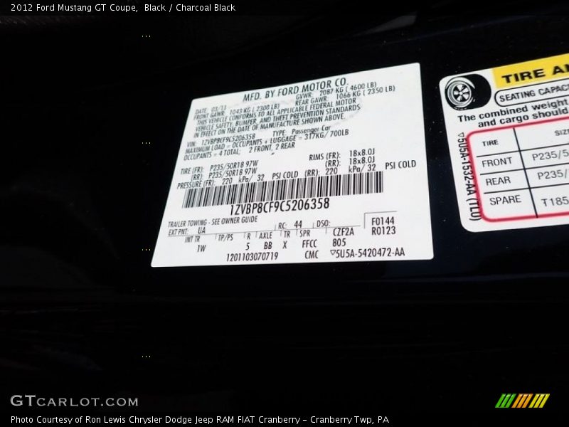 Black / Charcoal Black 2012 Ford Mustang GT Coupe