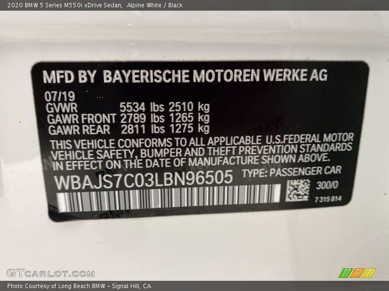 2020 5 Series M550i xDrive Sedan Alpine White Color Code 300