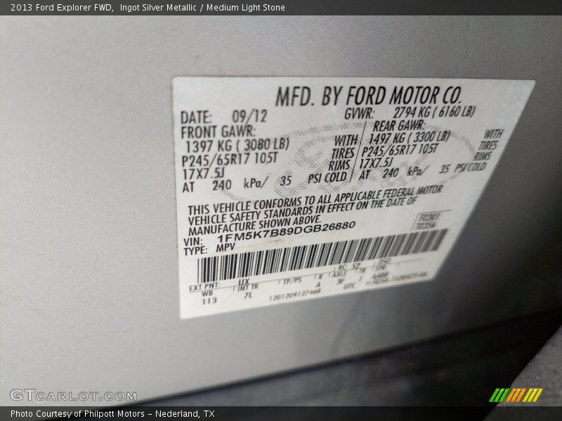 Ingot Silver Metallic / Medium Light Stone 2013 Ford Explorer FWD