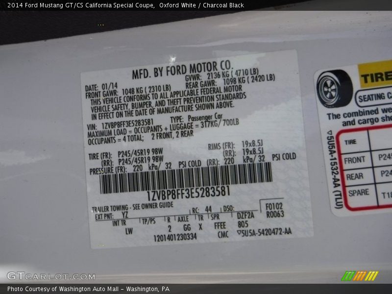 Oxford White / Charcoal Black 2014 Ford Mustang GT/CS California Special Coupe