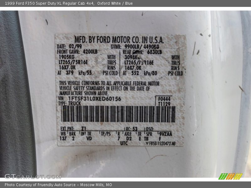 1999 F350 Super Duty XL Regular Cab 4x4 Oxford White Color Code Z1
