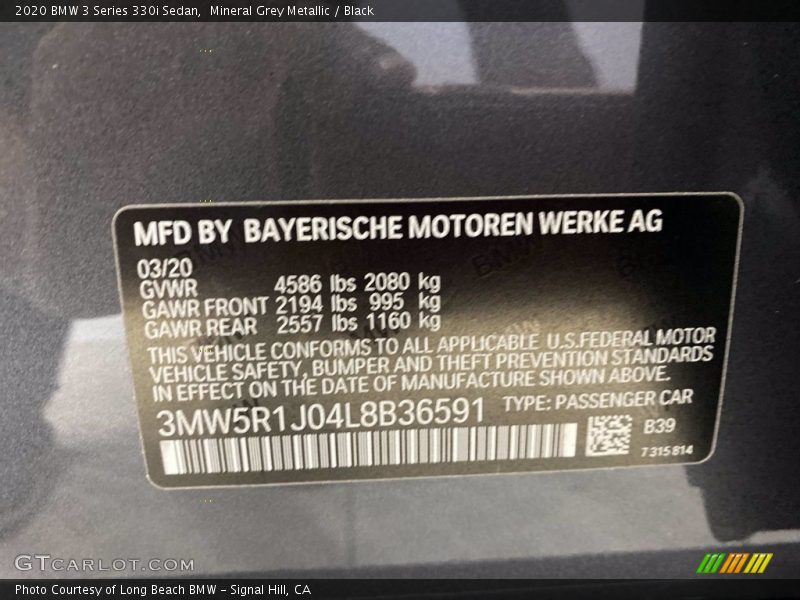 Mineral Grey Metallic / Black 2020 BMW 3 Series 330i Sedan