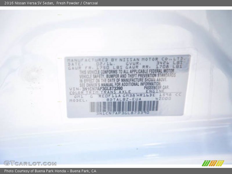 2016 Versa SV Sedan Fresh Powder Color Code QM1