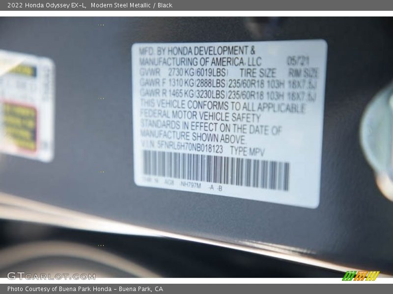 Modern Steel Metallic / Black 2022 Honda Odyssey EX-L