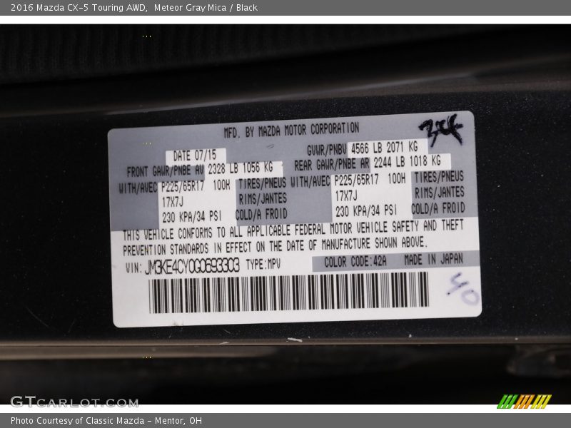 Meteor Gray Mica / Black 2016 Mazda CX-5 Touring AWD