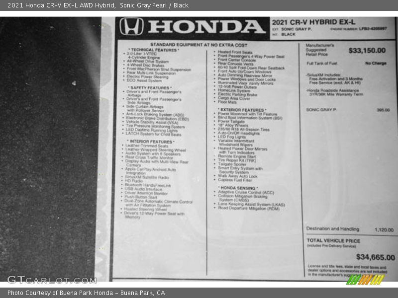 Sonic Gray Pearl / Black 2021 Honda CR-V EX-L AWD Hybrid