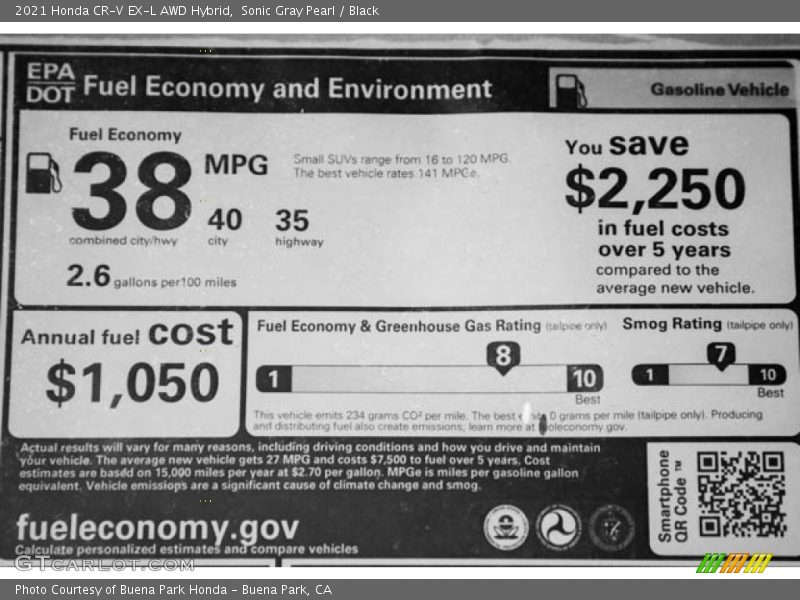 Sonic Gray Pearl / Black 2021 Honda CR-V EX-L AWD Hybrid