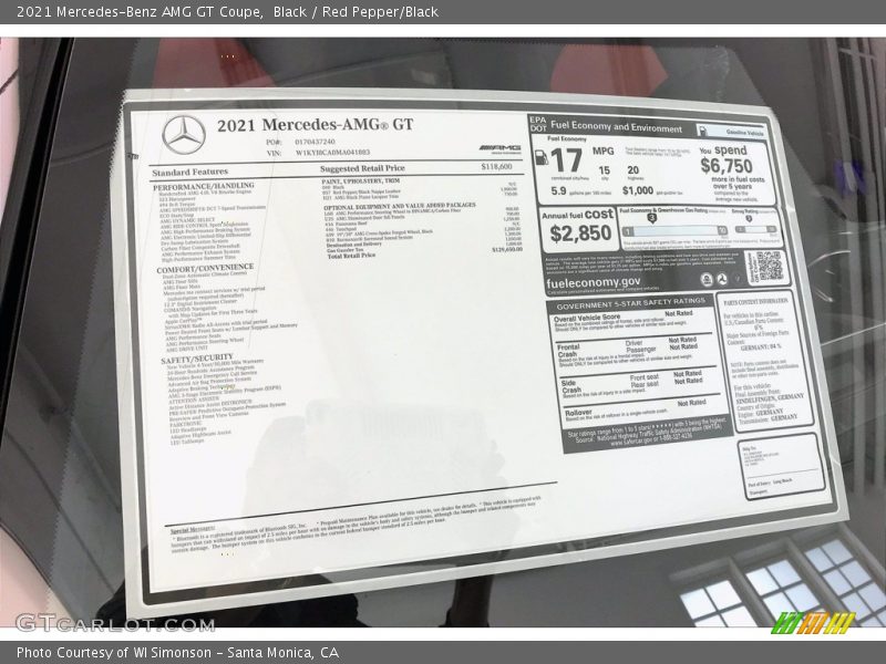  2021 AMG GT Coupe Window Sticker