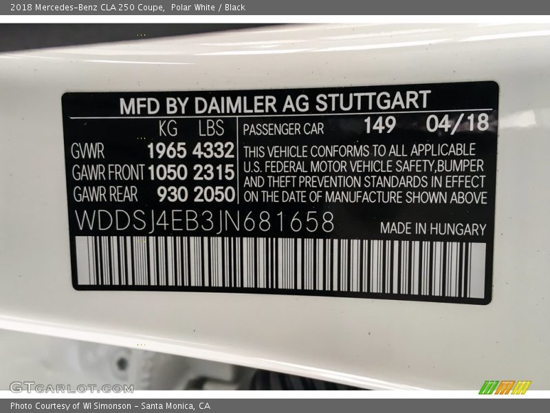 Polar White / Black 2018 Mercedes-Benz CLA 250 Coupe