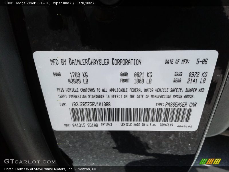 2006 Viper SRT-10 Viper Black Color Code PX3