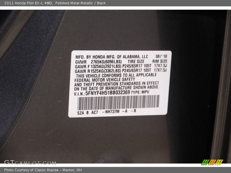 Polished Metal Metallic / Black 2011 Honda Pilot EX-L 4WD