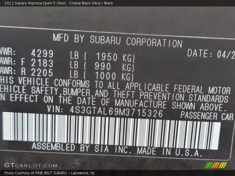 Crystal Black Silica / Black 2021 Subaru Impreza Sport 5-Door