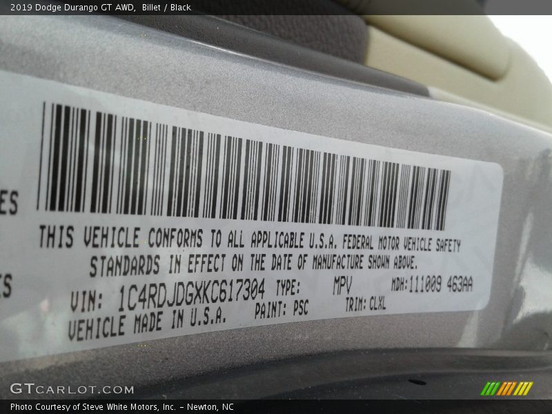 Billet / Black 2019 Dodge Durango GT AWD