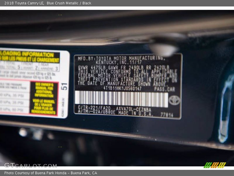 Blue Crush Metallic / Black 2018 Toyota Camry LE