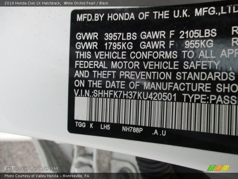 White Orchid Pearl / Black 2019 Honda Civic LX Hatchback