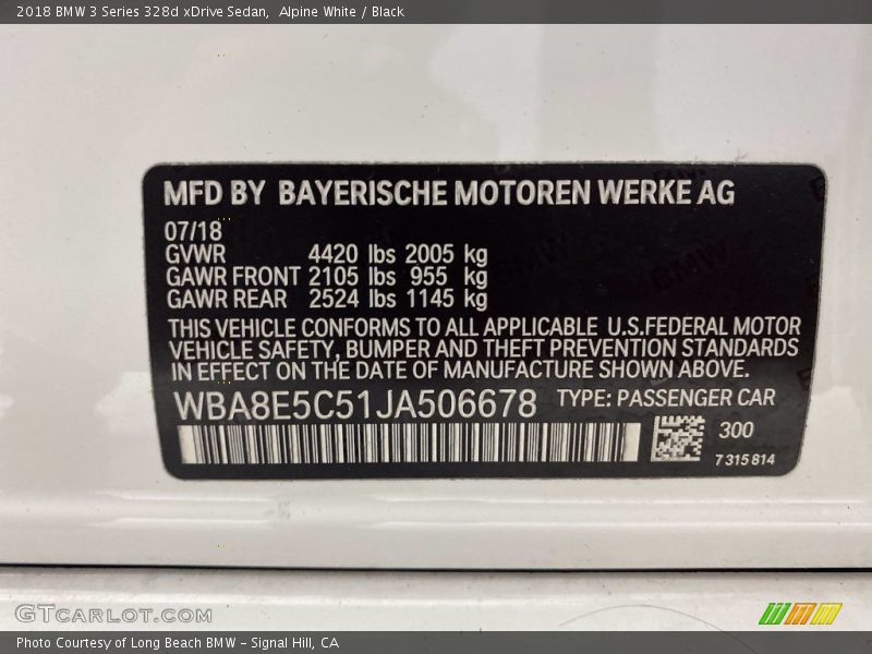 Alpine White / Black 2018 BMW 3 Series 328d xDrive Sedan