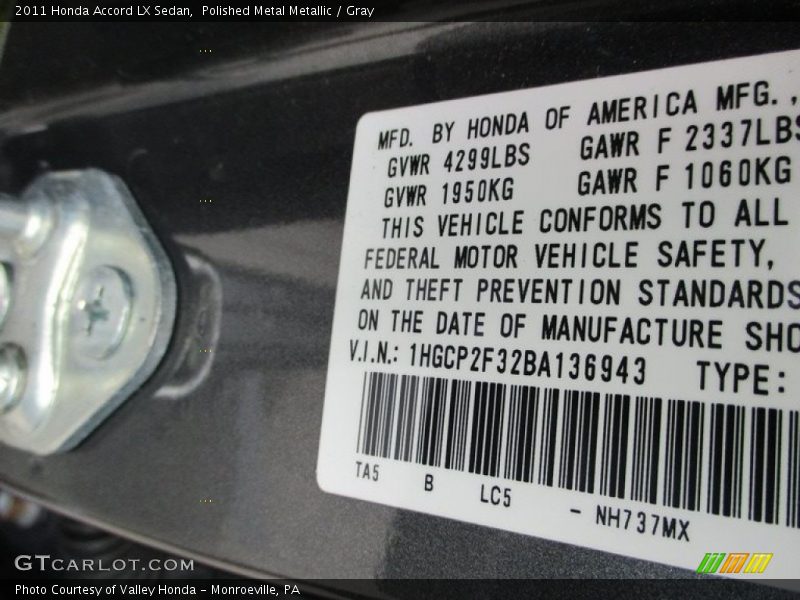 Polished Metal Metallic / Gray 2011 Honda Accord LX Sedan