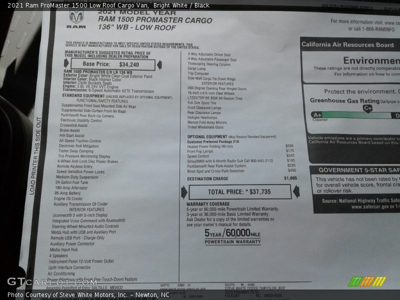 Bright White / Black 2021 Ram ProMaster 1500 Low Roof Cargo Van