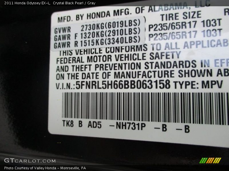 Crystal Black Pearl / Gray 2011 Honda Odyssey EX-L