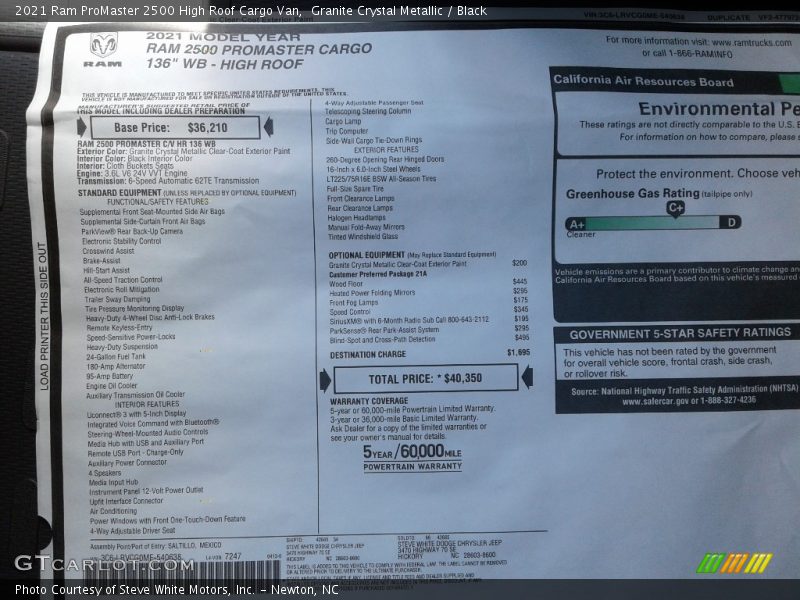  2021 ProMaster 2500 High Roof Cargo Van Window Sticker